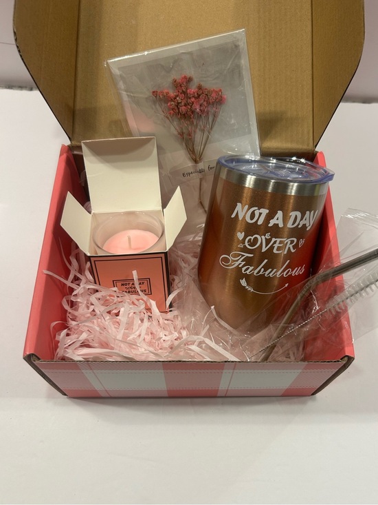 The Unbranded Brand Other - Not A Day Over Fabulous Birthday Gift Set Tumbler Candle Card Flowers NIB